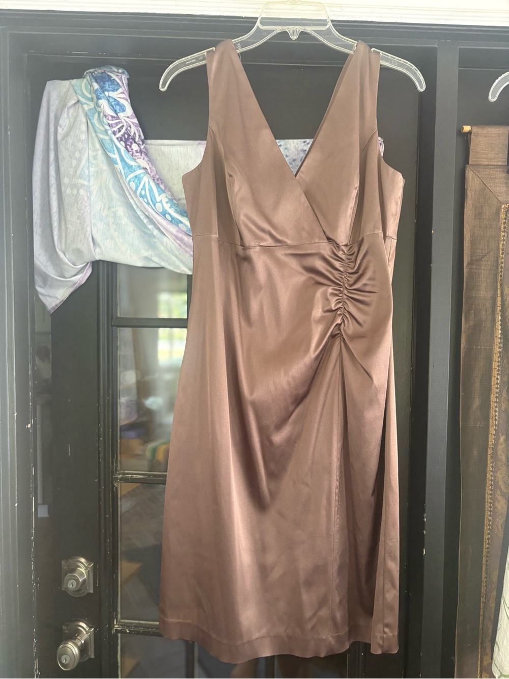 Donna Ricco Bronze Satin V-Neck Midi Dress